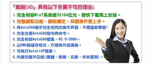 『超級CAD』具有以下非買不可的理由: 
1.超級AD繪圖軟體完全相容Win7系統含32/64位元，趕快下載,馬上安裝。
2.相同AutoCAD一樣完整鎖點功能，鎖點穩定，保證超您操作更上手。
3.與AutoCAD幾乎完全相同的操作界面，不需重新學習!
4.完全支援AutoCAD指令與AutoCAD命令。
5.完全相容AutoCAD繪圖軟體檔案，AutoCAD R2.5~2009版本。
6.超級CAD繪圖軟體同樣以AutoCAD的DWG及DXF為儲存格式，方便與外部的AutoCAD溝通。
7.可執行AutoLISP檔案。
8.內建完整3D功能(差集、交集、布林運算)。